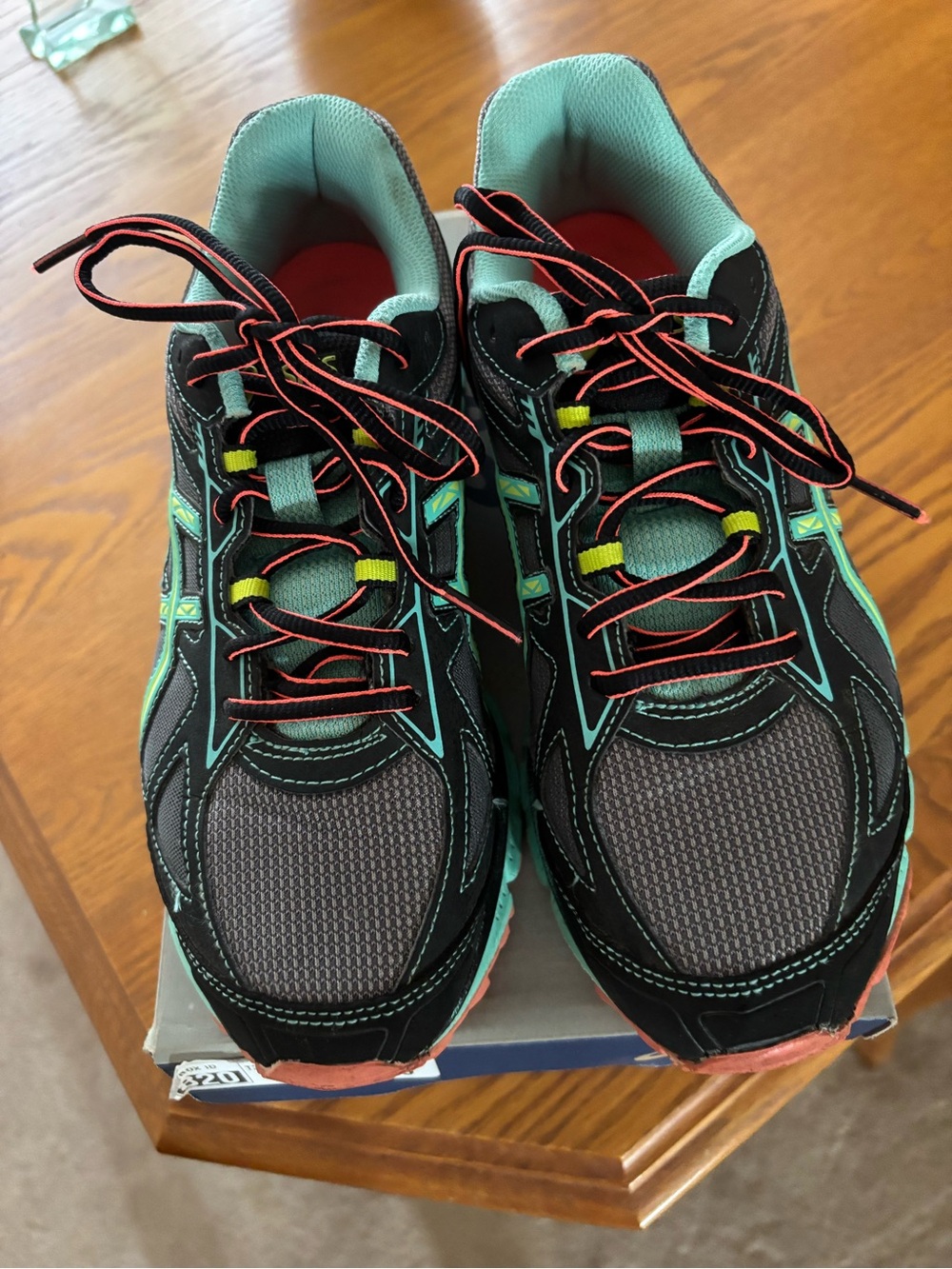 ASICS size 8 Athletic Running Shoes in Black & Teal with Coral Accents.